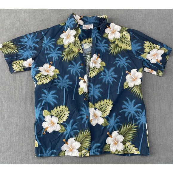 Hawaiian Button Shirt Men M Blue Floral Palm Tree Island Print Aloha Casual - Picture 1 of 7